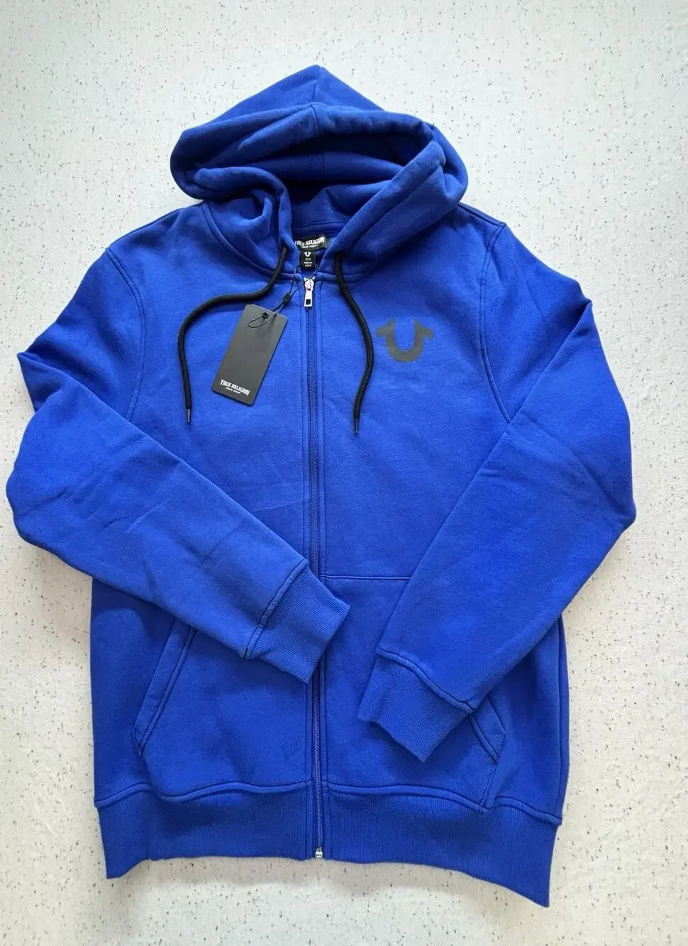 NWT True Religion Contrast Logo Full Zip Hoodie Pacific Royal Blue Men M $124